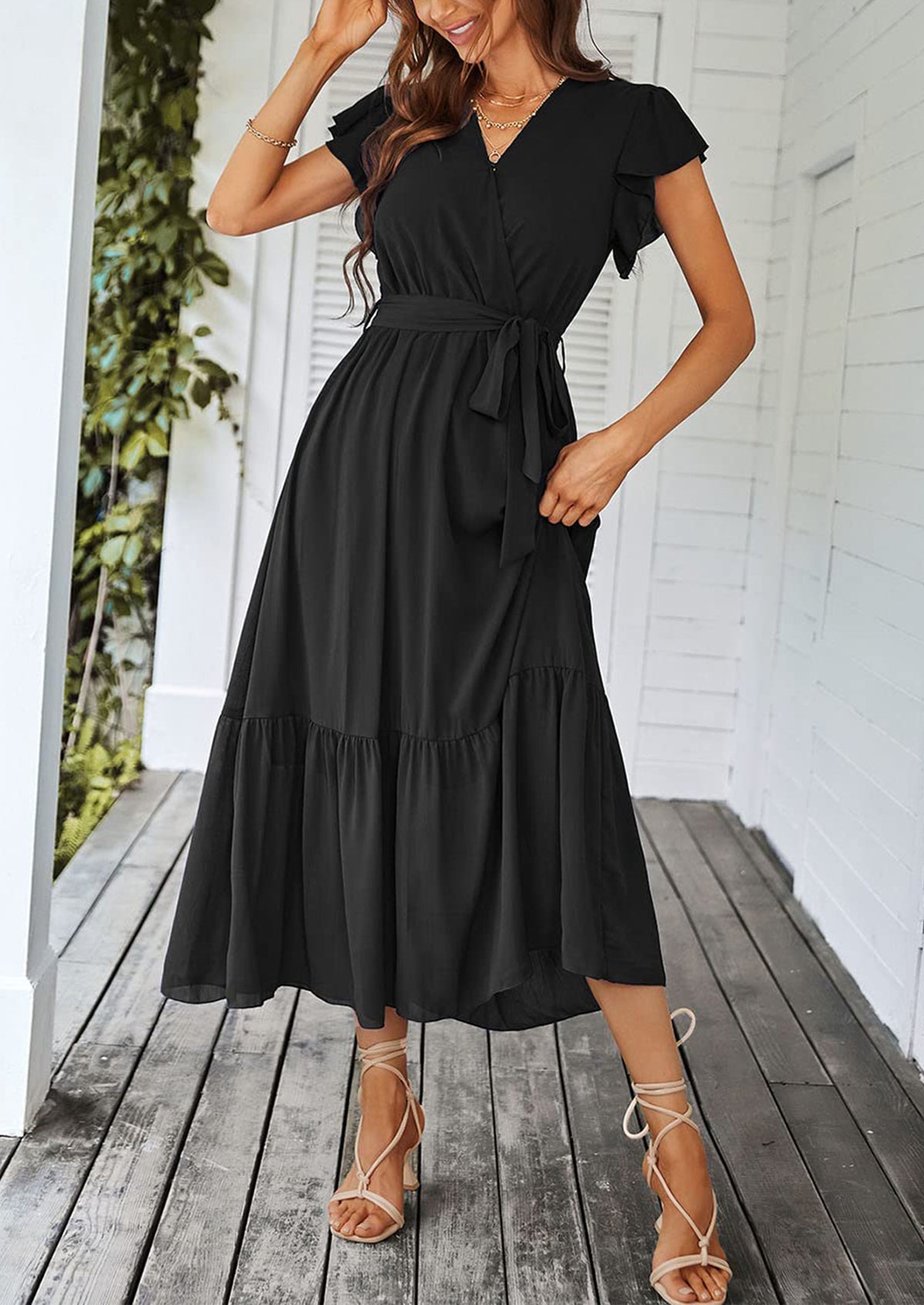 Sleeveless Halter V Neck Flowy Ruffle Hem Long Boho Dresses