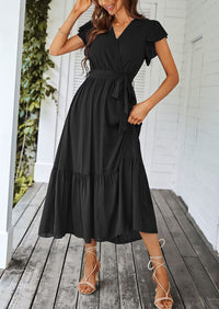 Sleeveless Halter V Neck Flowy Ruffle Hem Long Boho Dresses
