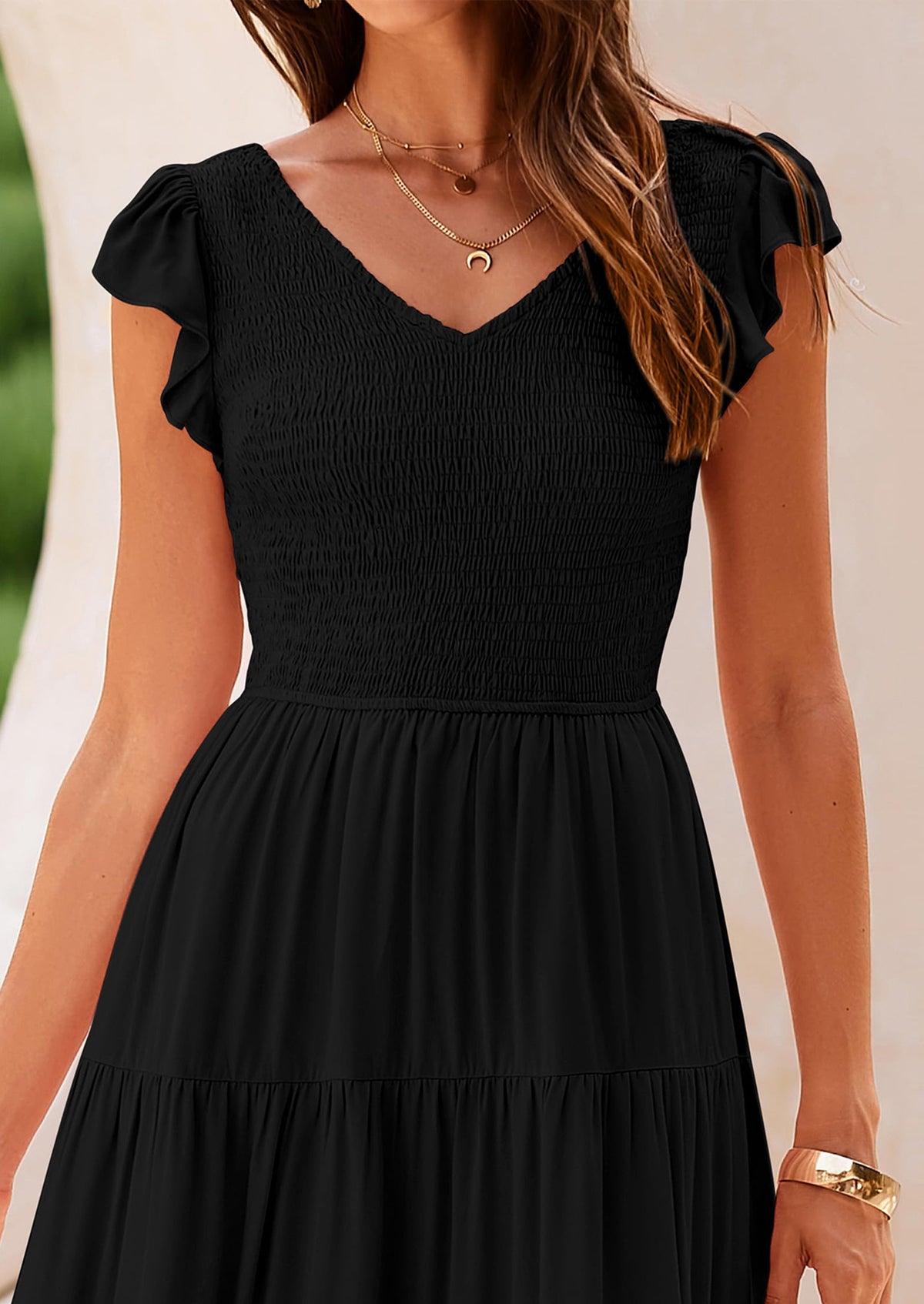 Cap Sleeve V Neck Smocked Beach Maxi Dresses