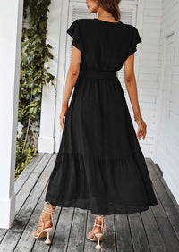 Sleeveless Halter V Neck Flowy Ruffle Hem Long Boho Dresses