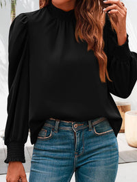 Satin Puff Long Sleeve Mock Neck Casual Blouse