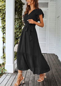 Sleeveless Halter V Neck Flowy Ruffle Hem Long Boho Dresses