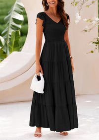 Cap Sleeve V Neck Smocked Beach Maxi Dresses