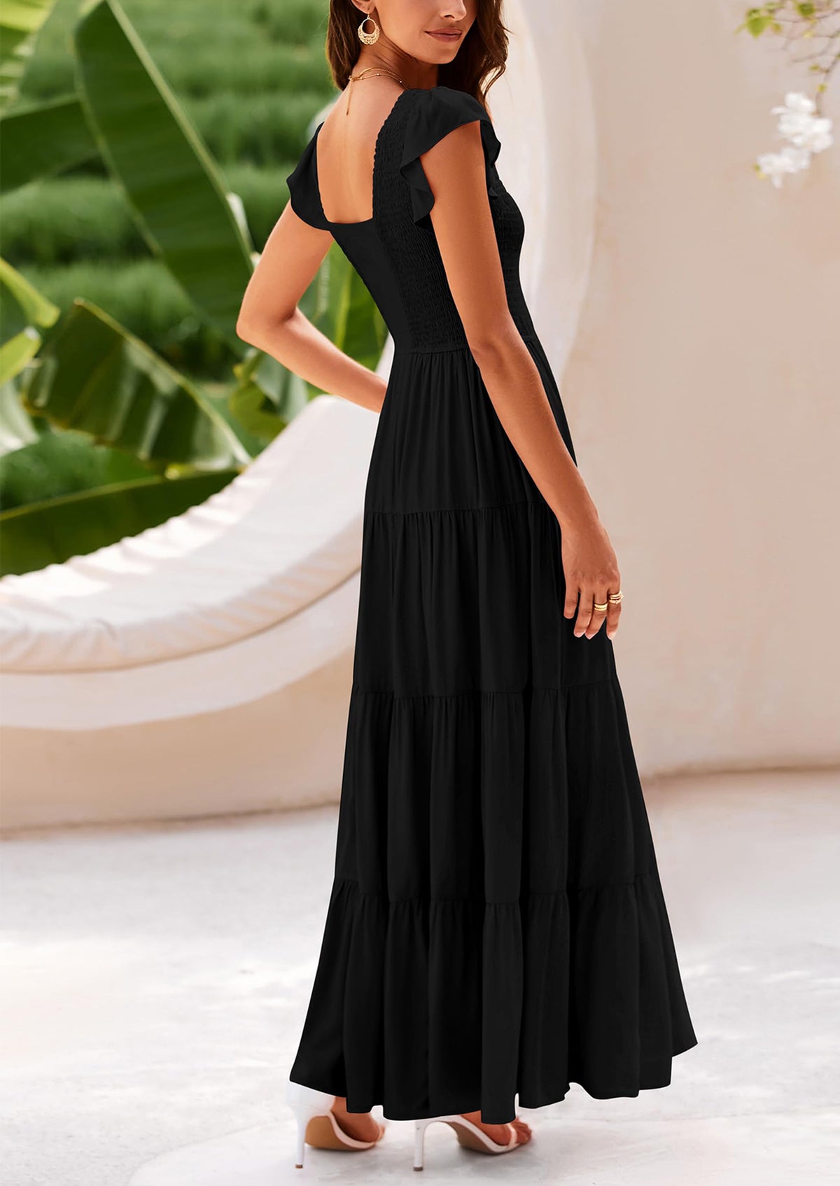 Cap Sleeve V Neck Smocked Beach Maxi Dresses