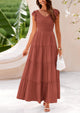 Cap Sleeve V Neck Smocked Beach Maxi Dresses