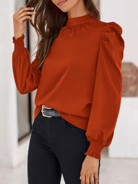 Satin Puff Long Sleeve Mock Neck Casual Blouse