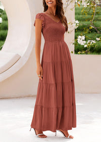 Cap Sleeve V Neck Smocked Beach Maxi Dresses