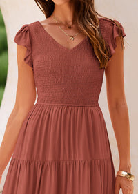 Cap Sleeve V Neck Smocked Beach Maxi Dresses