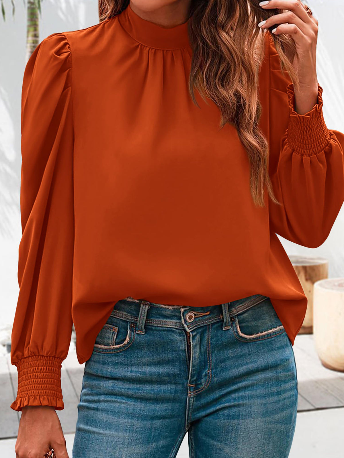 Satin Puff Long Sleeve Mock Neck Casual Blouse