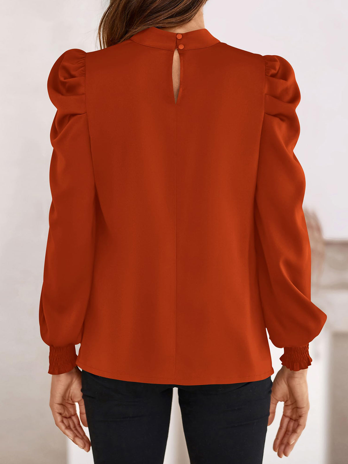 Satin Puff Long Sleeve Mock Neck Casual Blouse