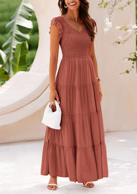 Cap Sleeve V Neck Smocked Beach Maxi Dresses