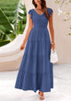 Cap Sleeve V Neck Smocked Beach Maxi Dresses