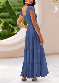 Cap Sleeve V Neck Smocked Beach Maxi Dresses