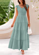 Cap Sleeve V Neck Smocked Beach Maxi Dresses