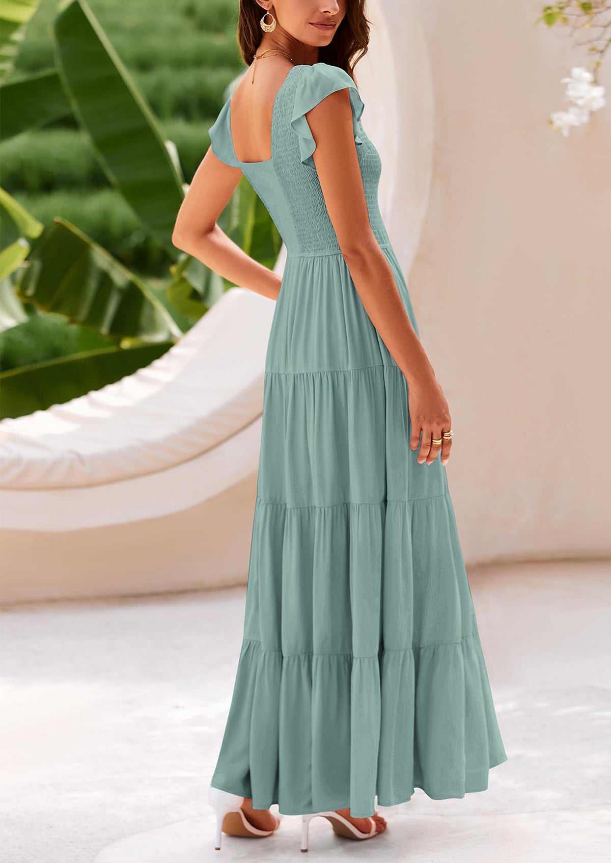 Cap Sleeve V Neck Smocked Beach Maxi Dresses