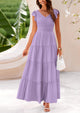 Cap Sleeve V Neck Smocked Beach Maxi Dresses
