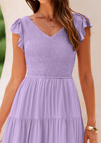 Cap Sleeve V Neck Smocked Beach Maxi Dresses