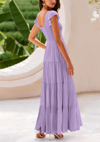 Cap Sleeve V Neck Smocked Beach Maxi Dresses