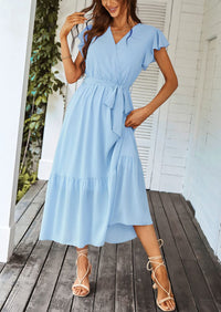 Sleeveless Halter V Neck Flowy Ruffle Hem Long Boho Dresses