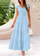 Cap Sleeve V Neck Smocked Beach Maxi Dresses