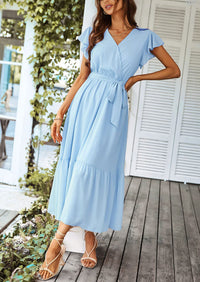 Sleeveless Halter V Neck Flowy Ruffle Hem Long Boho Dresses