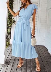 Sleeveless Halter V Neck Flowy Ruffle Hem Long Boho Dresses
