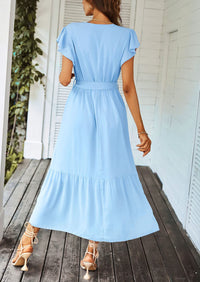 Sleeveless Halter V Neck Flowy Ruffle Hem Long Boho Dresses