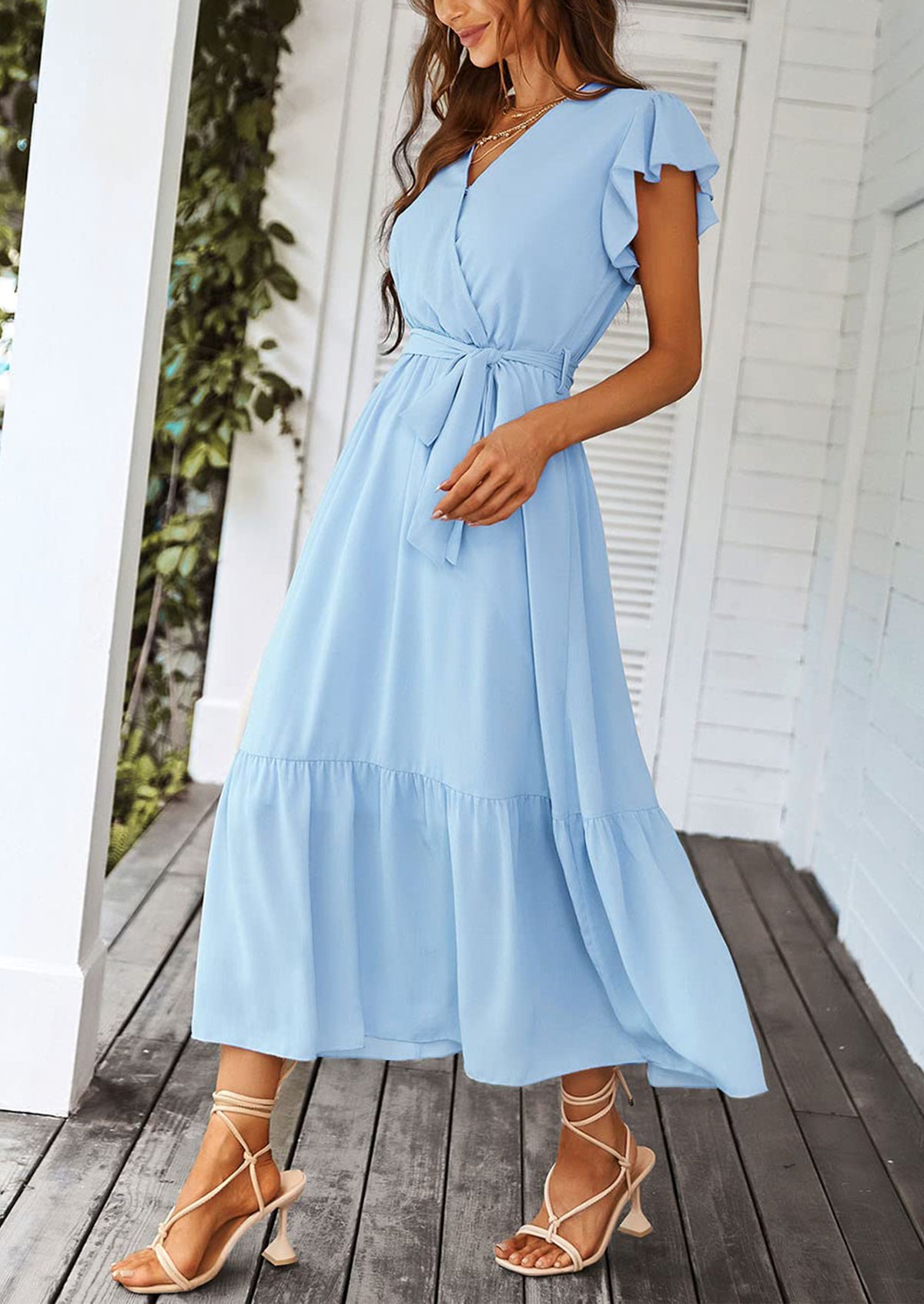 Sleeveless Halter V Neck Flowy Ruffle Hem Long Boho Dresses