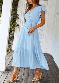 Sleeveless Halter V Neck Flowy Ruffle Hem Long Boho Dresses
