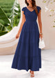 Cap Sleeve V Neck Smocked Beach Maxi Dresses