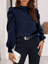 Satin Puff Long Sleeve Mock Neck Casual Blouse