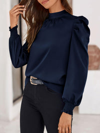 Satin Puff Long Sleeve Mock Neck Casual Blouse