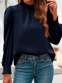 Satin Puff Long Sleeve Mock Neck Casual Blouse