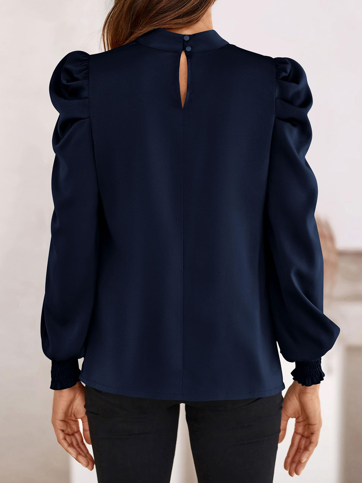 Satin Puff Long Sleeve Mock Neck Casual Blouse