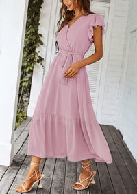 Sleeveless Halter V Neck Flowy Ruffle Hem Long Boho Dresses