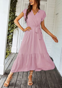 Sleeveless Halter V Neck Flowy Ruffle Hem Long Boho Dresses