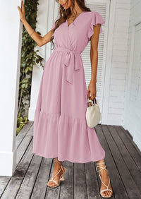 Sleeveless Halter V Neck Flowy Ruffle Hem Long Boho Dresses