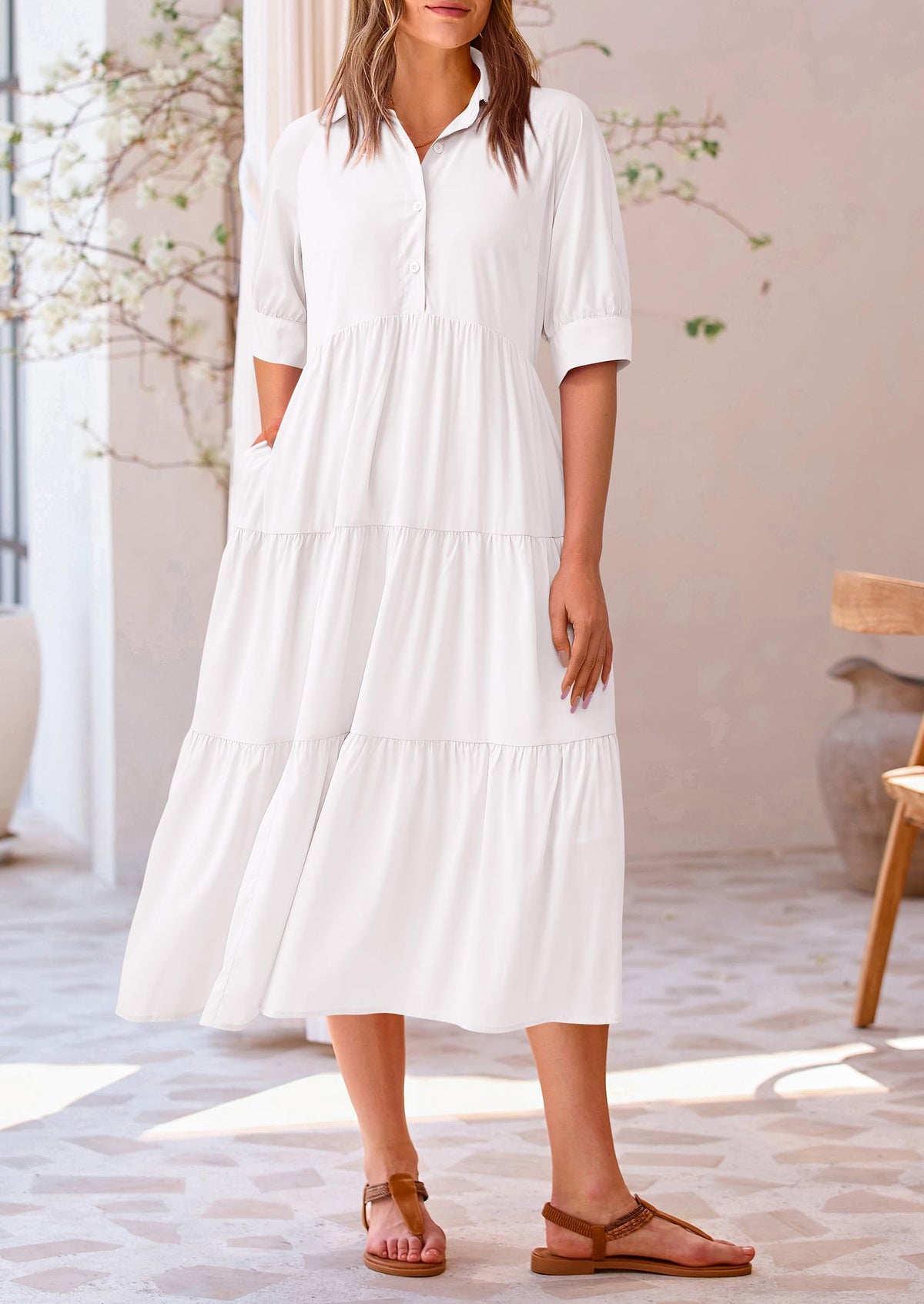 Button Up Ruffle A Line Flowy Maxi Dress