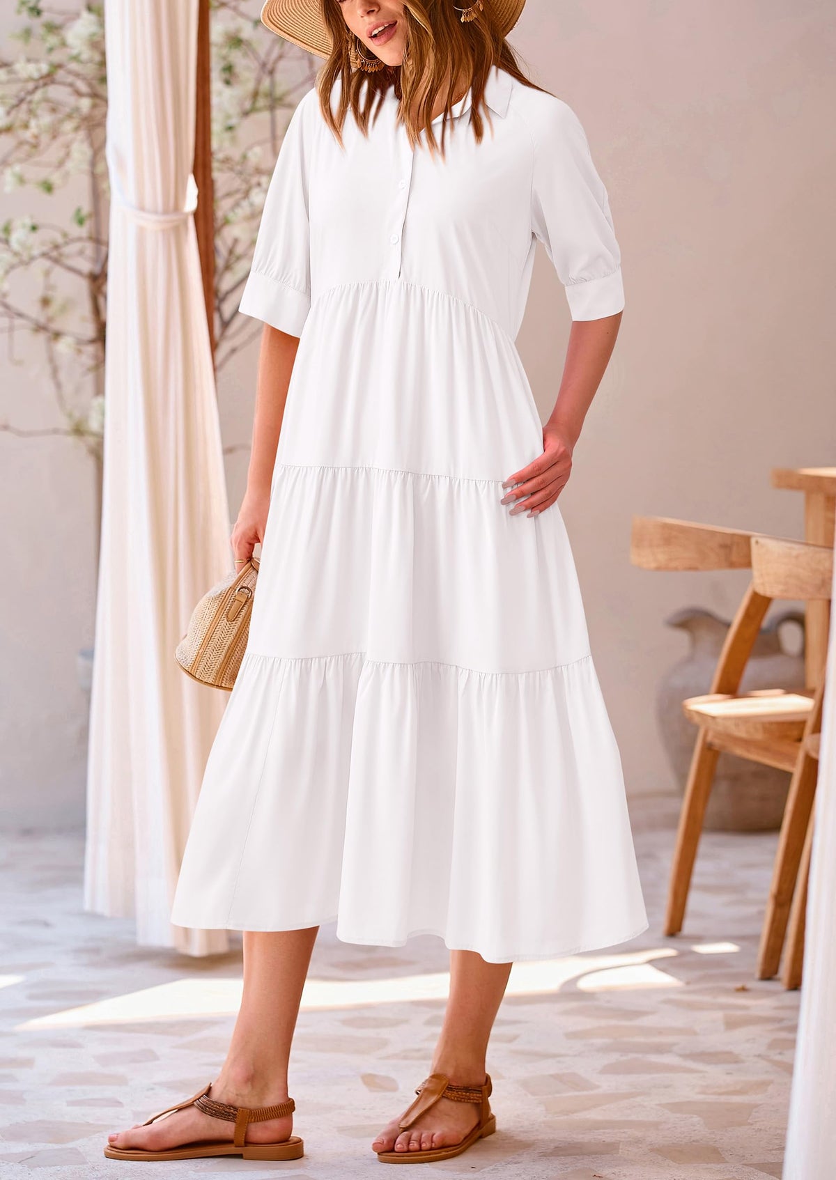 Button Up Ruffle A Line Flowy Maxi Dress