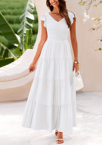 Cap Sleeve V Neck Smocked Beach Maxi Dresses