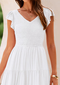 Cap Sleeve V Neck Smocked Beach Maxi Dresses