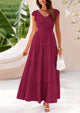 Cap Sleeve V Neck Smocked Beach Maxi Dresses