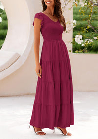 Cap Sleeve V Neck Smocked Beach Maxi Dresses