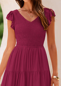 Cap Sleeve V Neck Smocked Beach Maxi Dresses