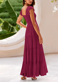 Cap Sleeve V Neck Smocked Beach Maxi Dresses