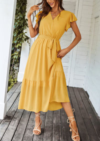Sleeveless Halter V Neck Flowy Ruffle Hem Long Boho Dresses