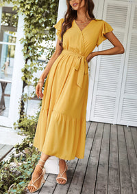 Sleeveless Halter V Neck Flowy Ruffle Hem Long Boho Dresses
