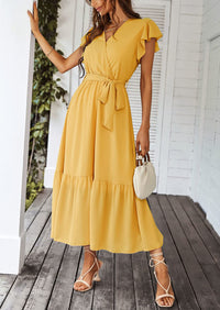 Sleeveless Halter V Neck Flowy Ruffle Hem Long Boho Dresses