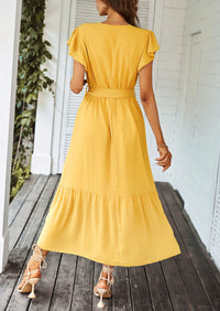 Sleeveless Halter V Neck Flowy Ruffle Hem Long Boho Dresses