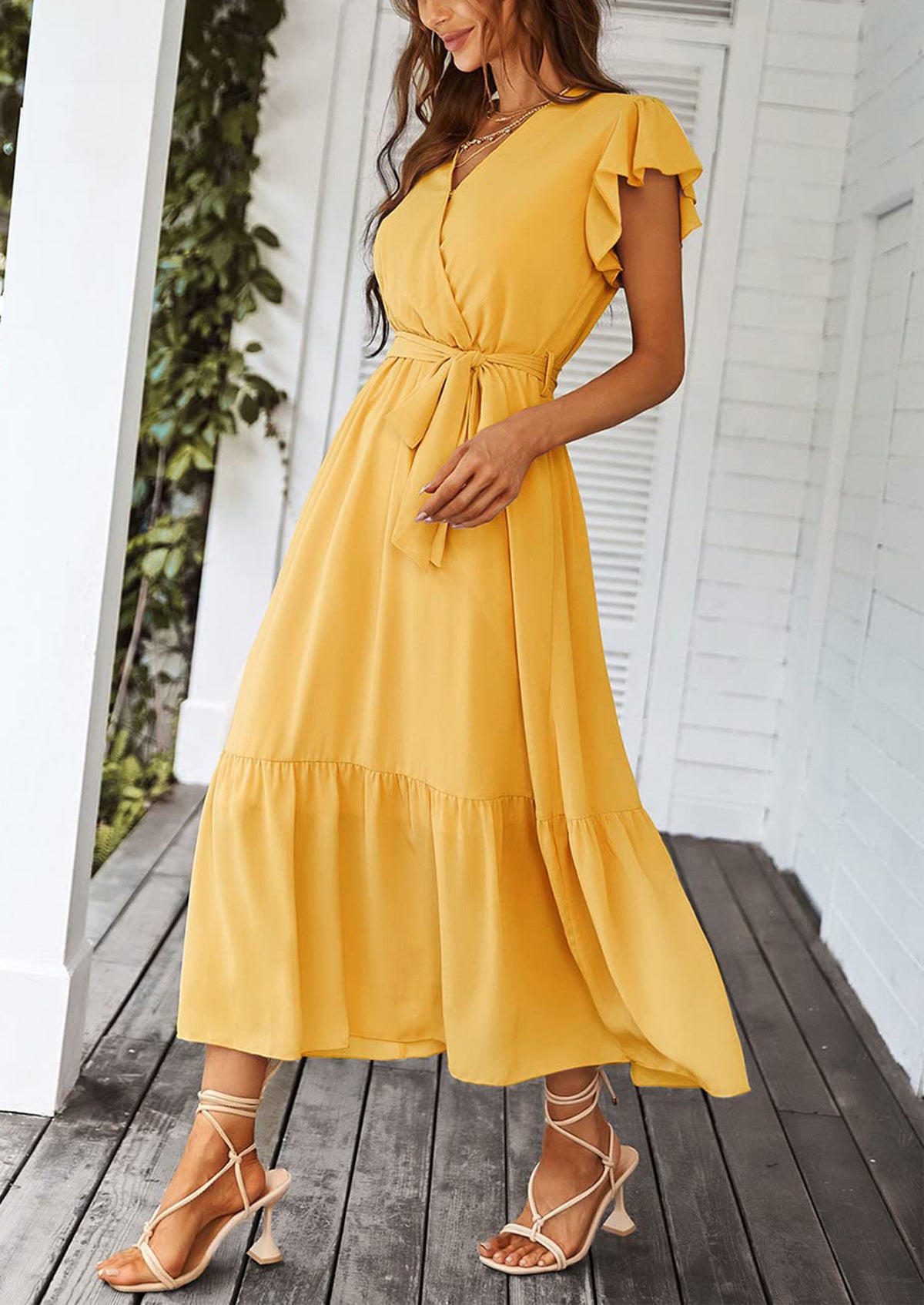 Sleeveless Halter V Neck Flowy Ruffle Hem Long Boho Dresses